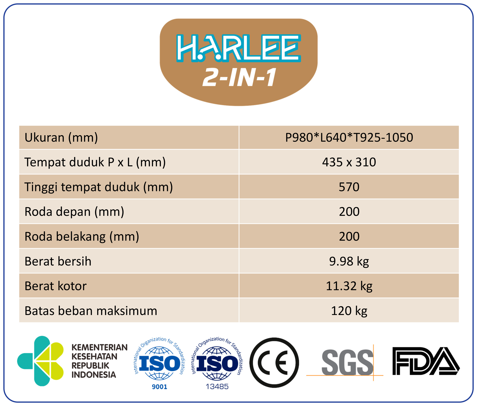 Tabel spesifikasi Harlee 2-in-1