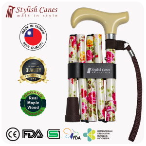 Tongkat Jalan Lipat by Stylish Canes – Cream Flowers / Walking Stick