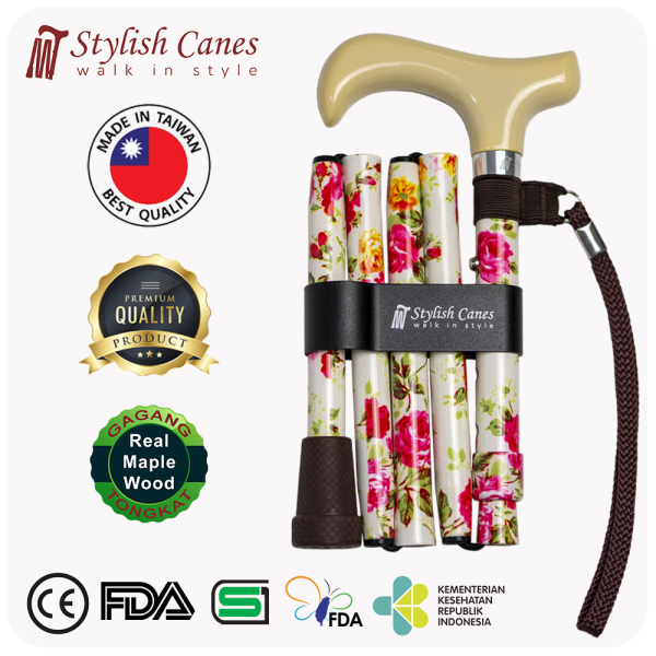 Tongkat Jalan Lipat by Stylish Canes - Cream Flowers / Walking Stick