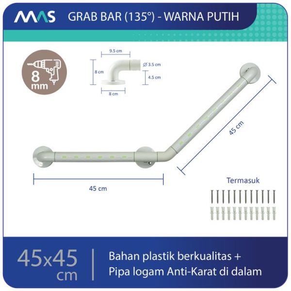 MAS Grab Bar 135° (45x45cm) - Rel Pegangan Anti-Slip utk keseimbangan - Gambar 6