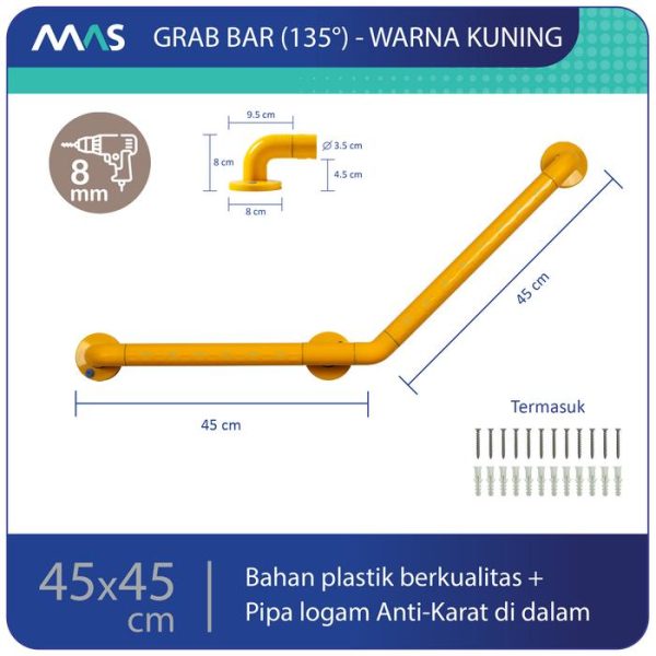 MAS Grab Bar 135° (45x45cm) - Rel Pegangan Anti-Slip utk keseimbangan - Gambar 7
