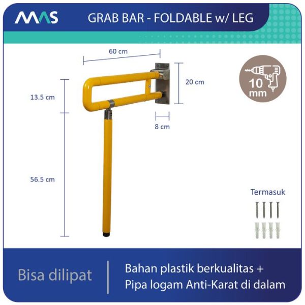 MAS Grab Bar Lipat dgn Kaki - Rel Pegangan Anti-Slip utk keseimbangan - Gambar 7